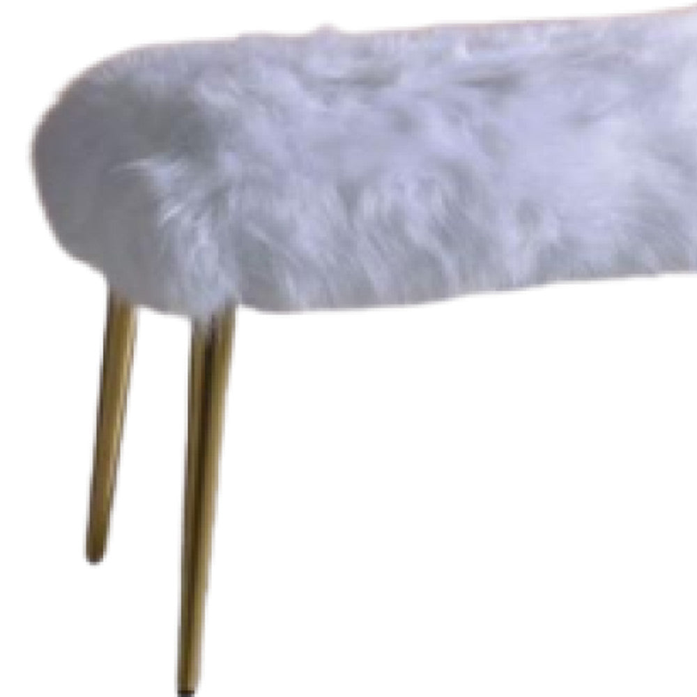 18 White and Gold Upholstered Faux Fur Bench