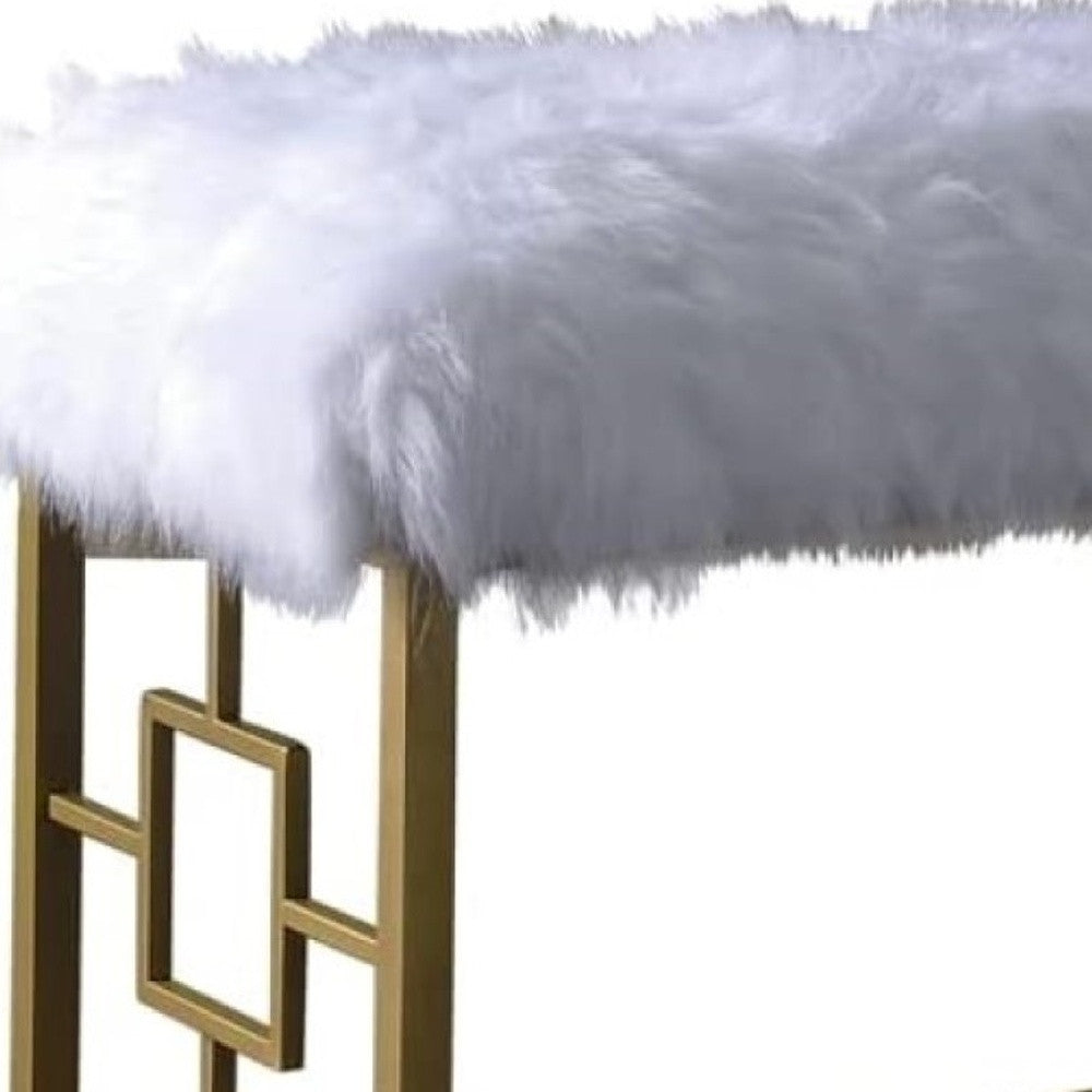 18 White and Gold Upholstered Faux Fur Bench