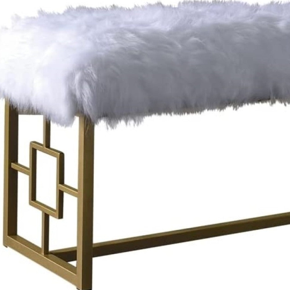 18 White and Gold Upholstered Faux Fur Bench