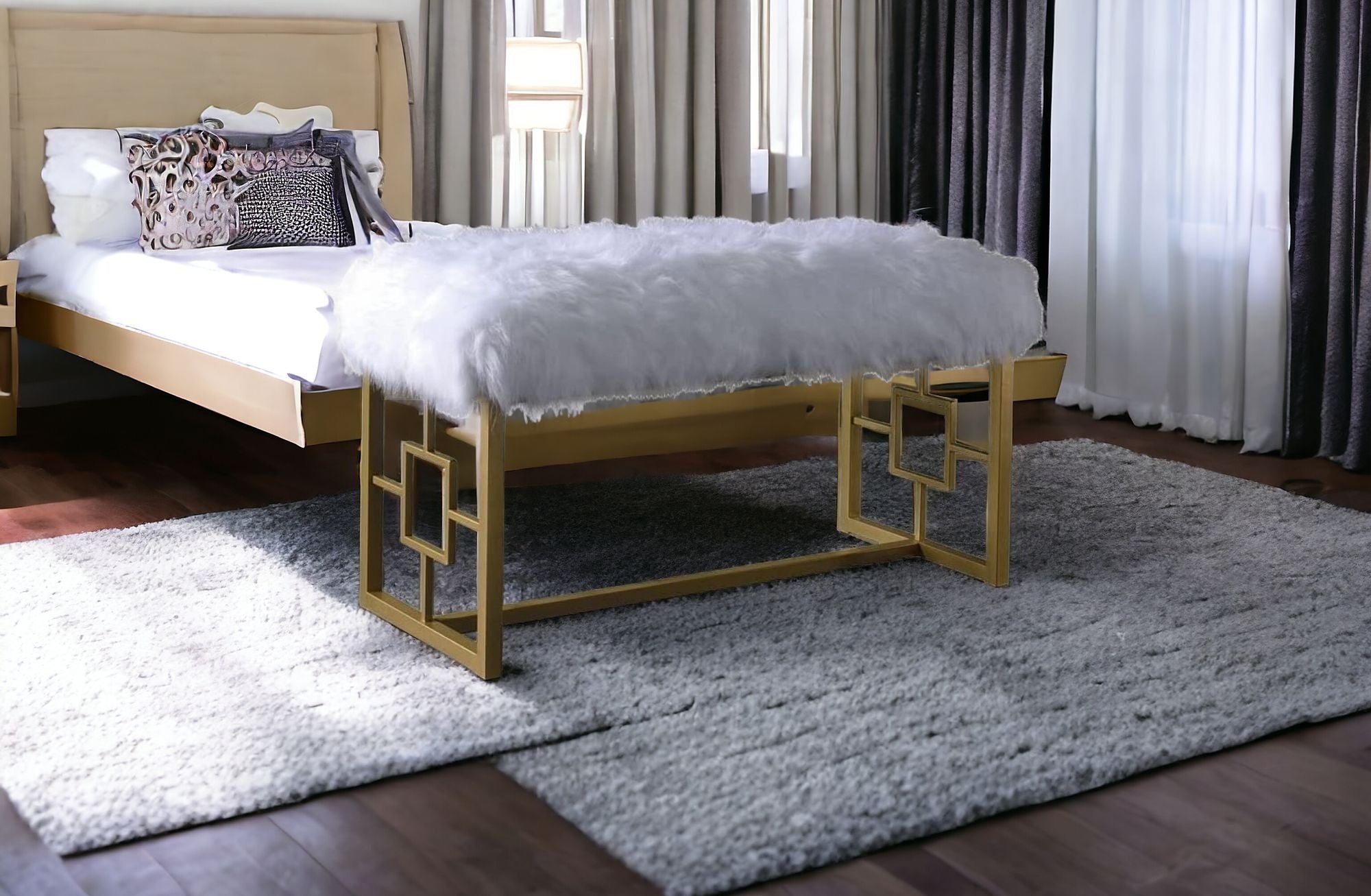 18 White and Gold Upholstered Faux Fur Bench