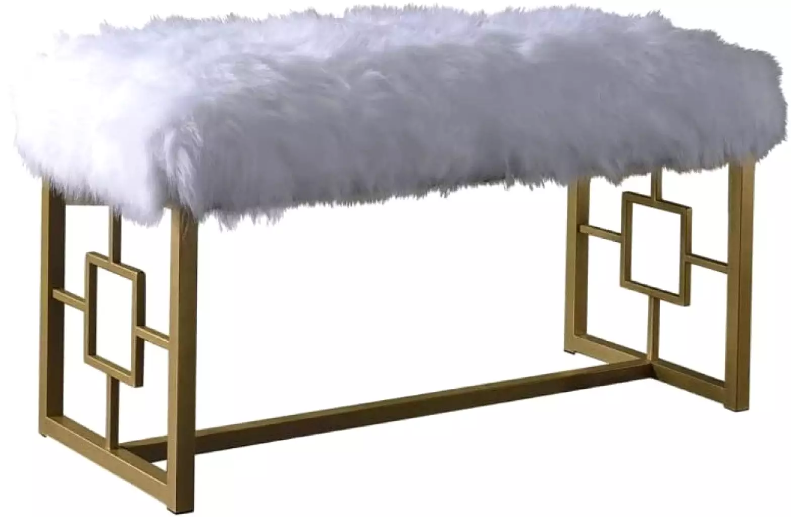 18 White and Gold Upholstered Faux Fur Bench