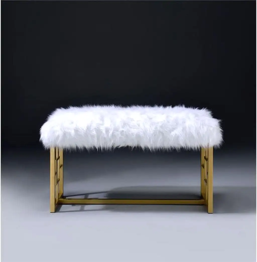 18 White and Gold Upholstered Faux Fur Bench