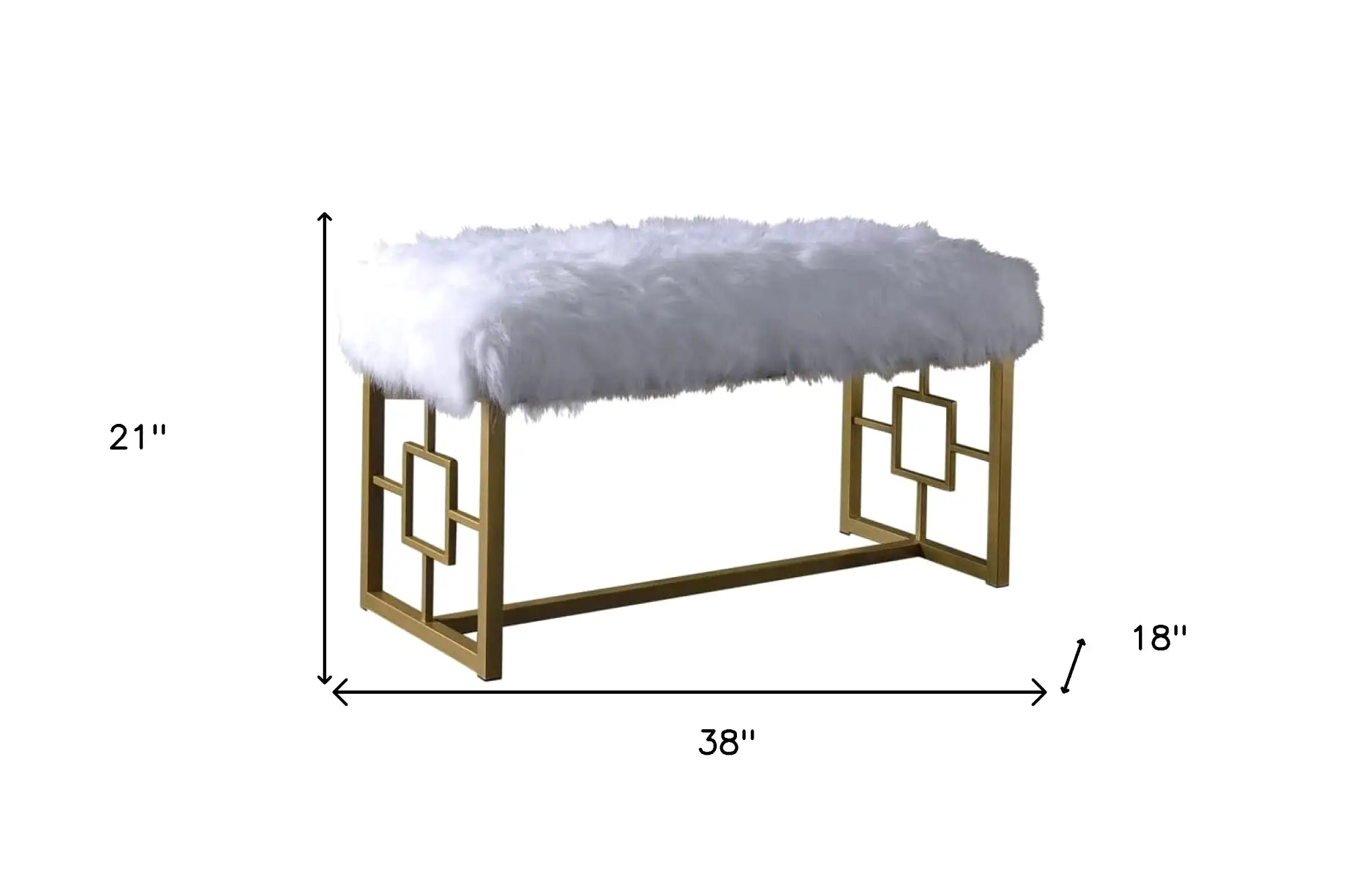 18 White and Gold Upholstered Faux Fur Bench