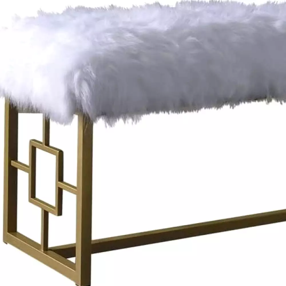 18 White and Gold Upholstered Faux Fur Bench