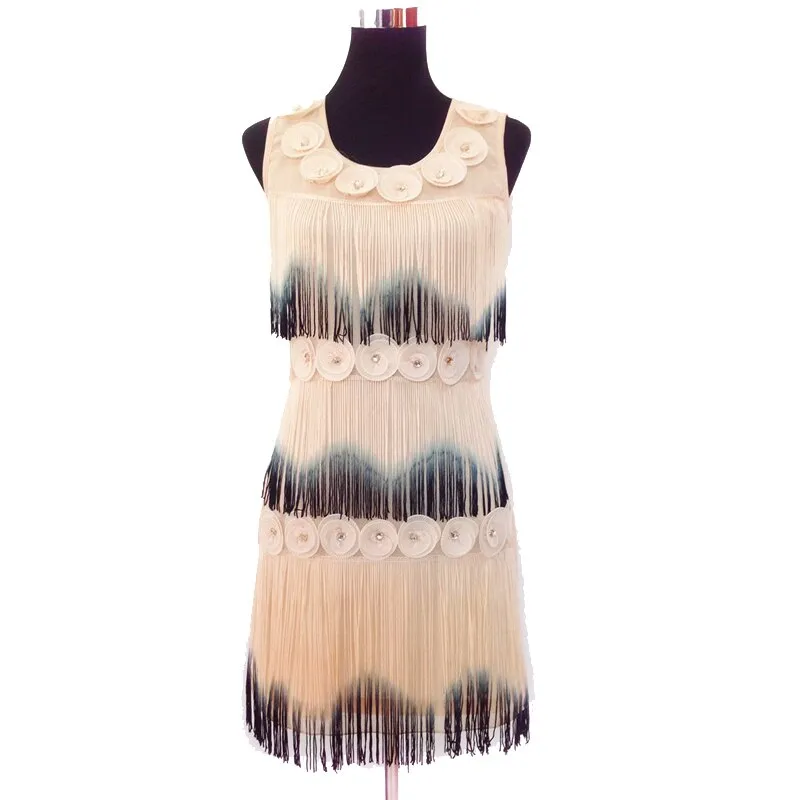 1920s Beaded Fringe Scalloped Petal Gatsby Flapper Dress Costume Tiered Tassels Appliques Flower Summer Party Dress