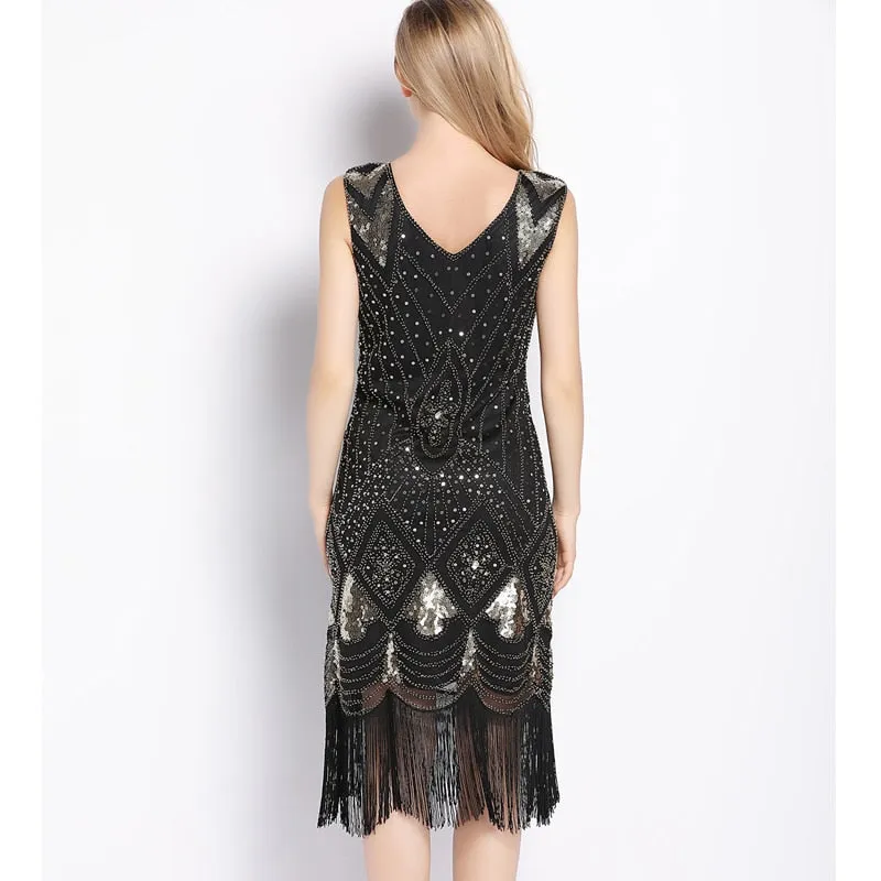 1920s Charleston Inspired Sequin Fringe Flapper Beaded Art Deco Dress V-Neck Sleeveless Long Party Costume