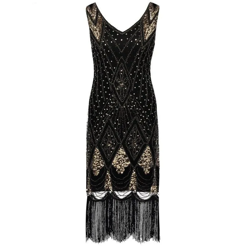 1920s Charleston Inspired Sequin Fringe Flapper Beaded Art Deco Dress V-Neck Sleeveless Long Party Costume