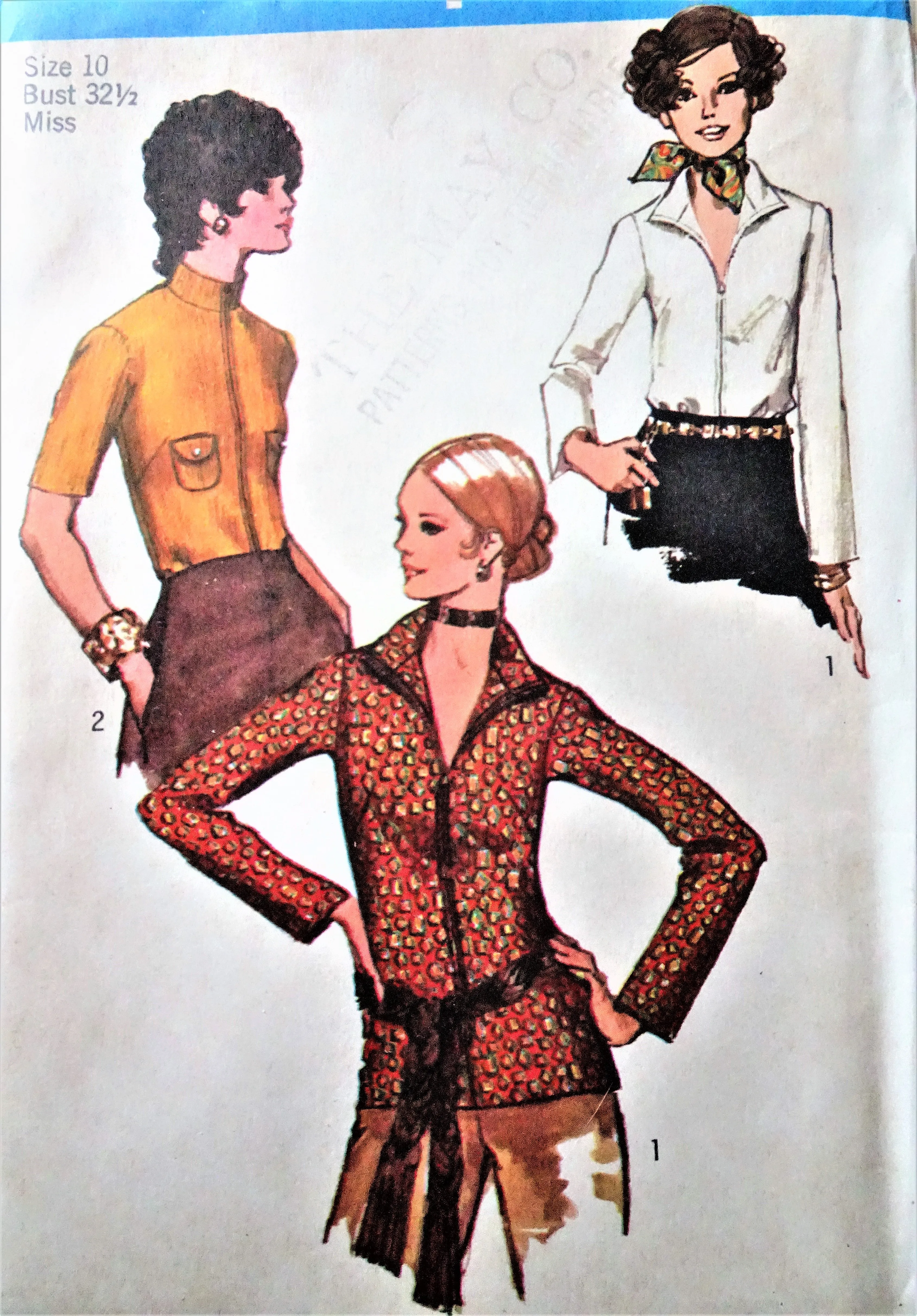 1970s RETRO Blouse Pattern SIMPLICITY 9021 Front-Zip Blouse with Standing Collar, Patch Pockets, Bust 32 Vintage Sewing Pattern 