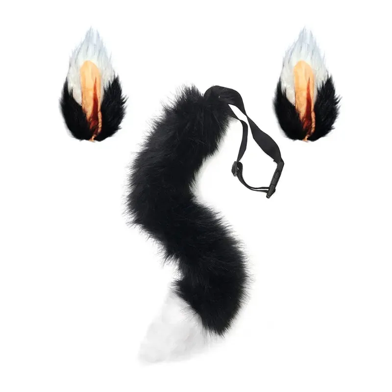 2pcs Cat Ears and Wolf Fox Animal Tail Cosplay Costume Faux Fur Hair Clip Headdress Halloween Birthday Party Plush Set