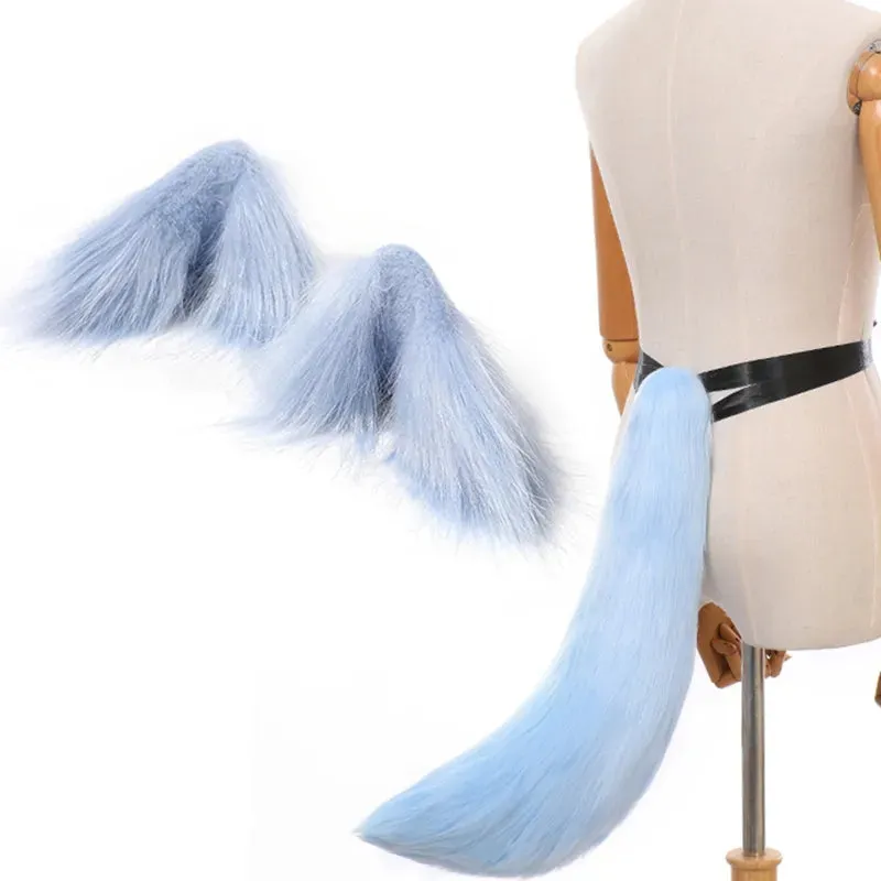 2pcs Cat Ears and Wolf Fox Animal Tail Cosplay Costume Faux Fur Hair Clip Headdress Halloween Birthday Party Plush Set