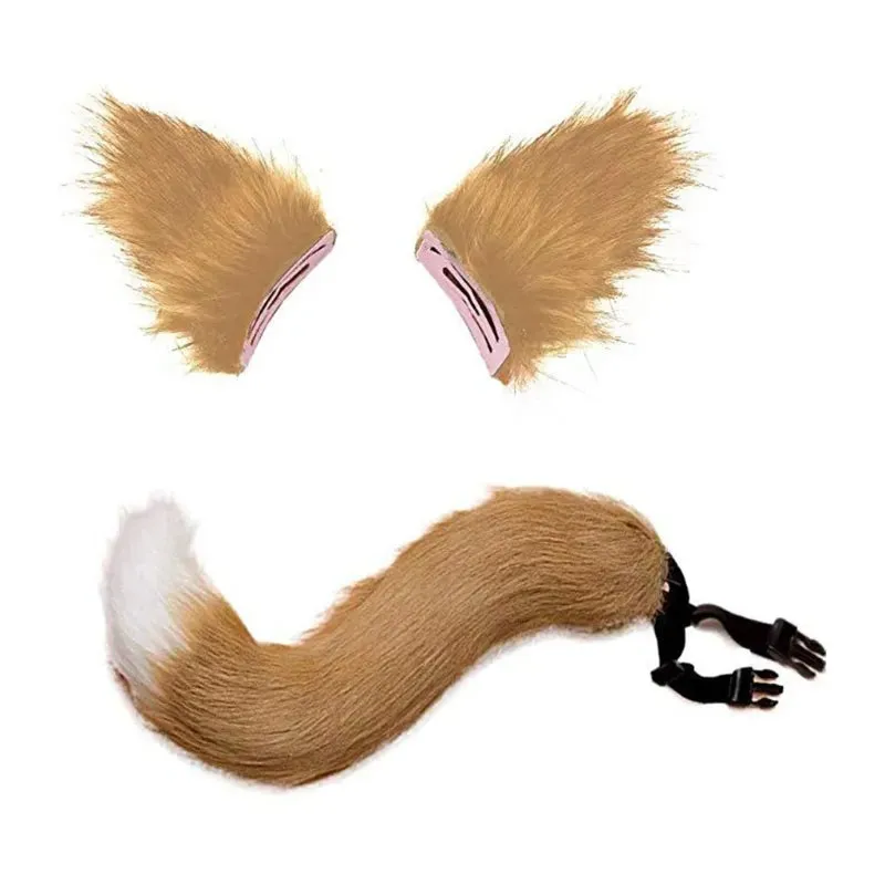 2pcs Cat Ears and Wolf Fox Animal Tail Cosplay Costume Faux Fur Hair Clip Headdress Halloween Birthday Party Plush Set