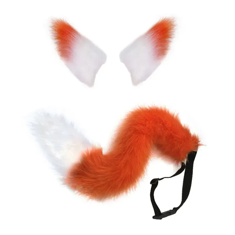 2pcs Cat Ears and Wolf Fox Animal Tail Cosplay Costume Faux Fur Hair Clip Headdress Halloween Birthday Party Plush Set