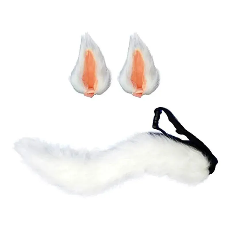 2pcs Cat Ears and Wolf Fox Animal Tail Cosplay Costume Faux Fur Hair Clip Headdress Halloween Birthday Party Plush Set