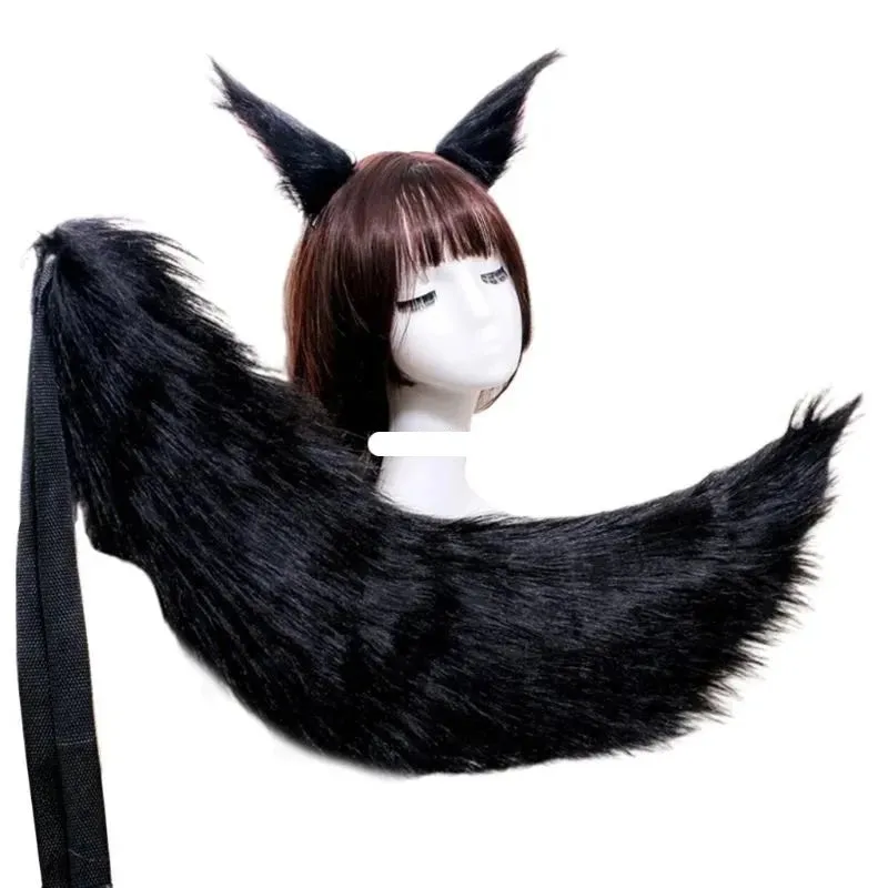 2pcs Cat Ears and Wolf Fox Animal Tail Cosplay Costume Faux Fur Hair Clip Headdress Halloween Birthday Party Plush Set