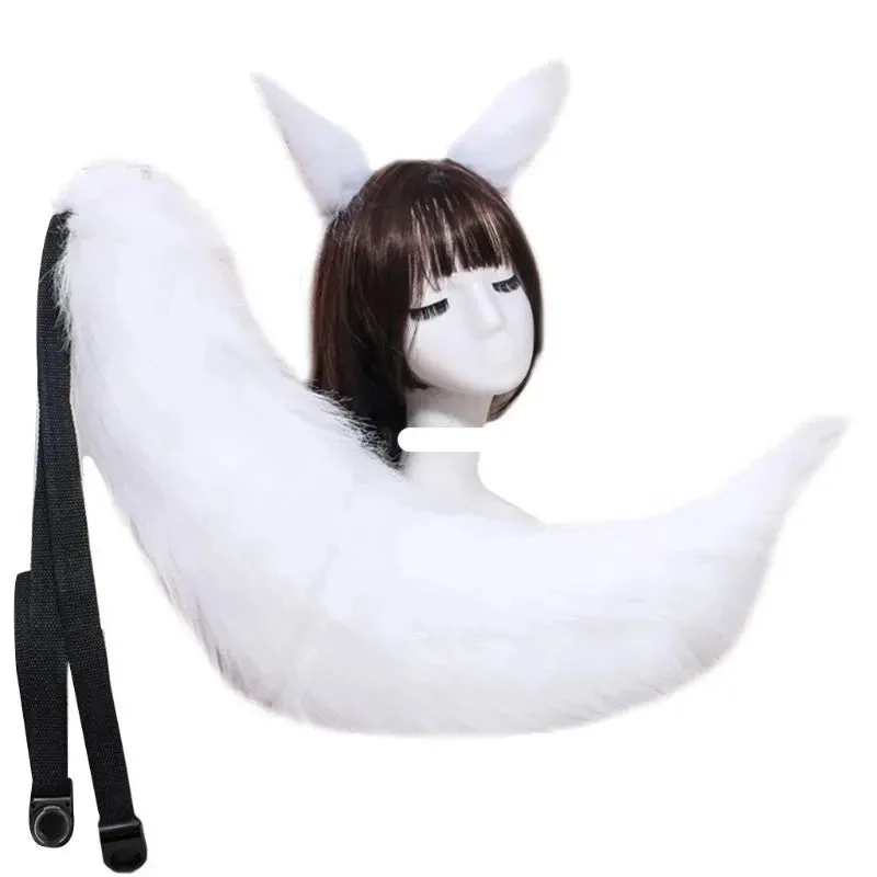 2pcs Cat Ears and Wolf Fox Animal Tail Cosplay Costume Faux Fur Hair Clip Headdress Halloween Birthday Party Plush Set