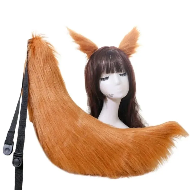 2pcs Cat Ears and Wolf Fox Animal Tail Cosplay Costume Faux Fur Hair Clip Headdress Halloween Birthday Party Plush Set