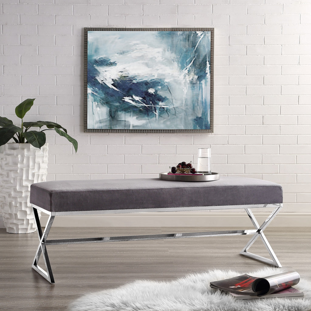 48 Gray And Silver Upholstered Faux Fur Bench