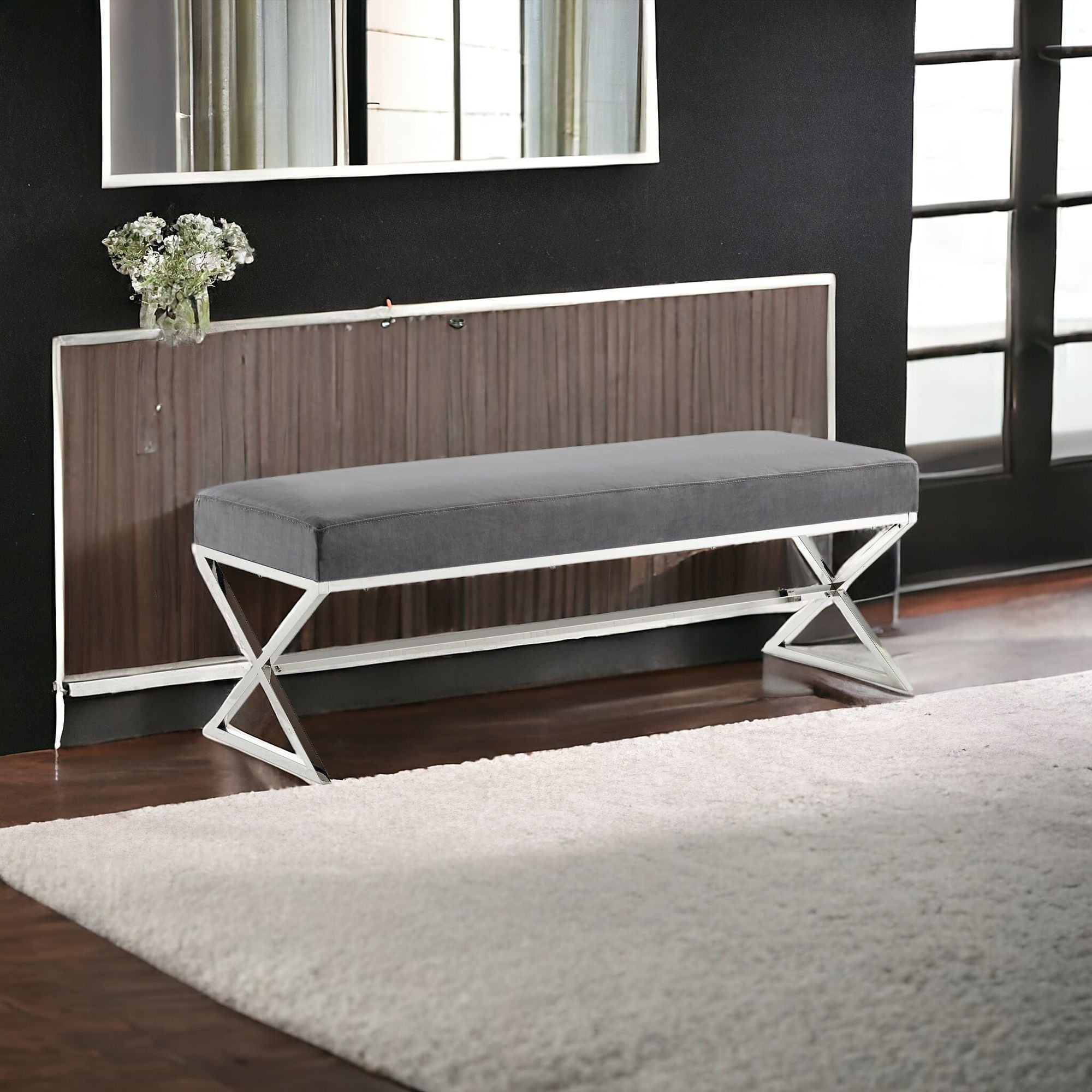 48 Gray And Silver Upholstered Faux Fur Bench