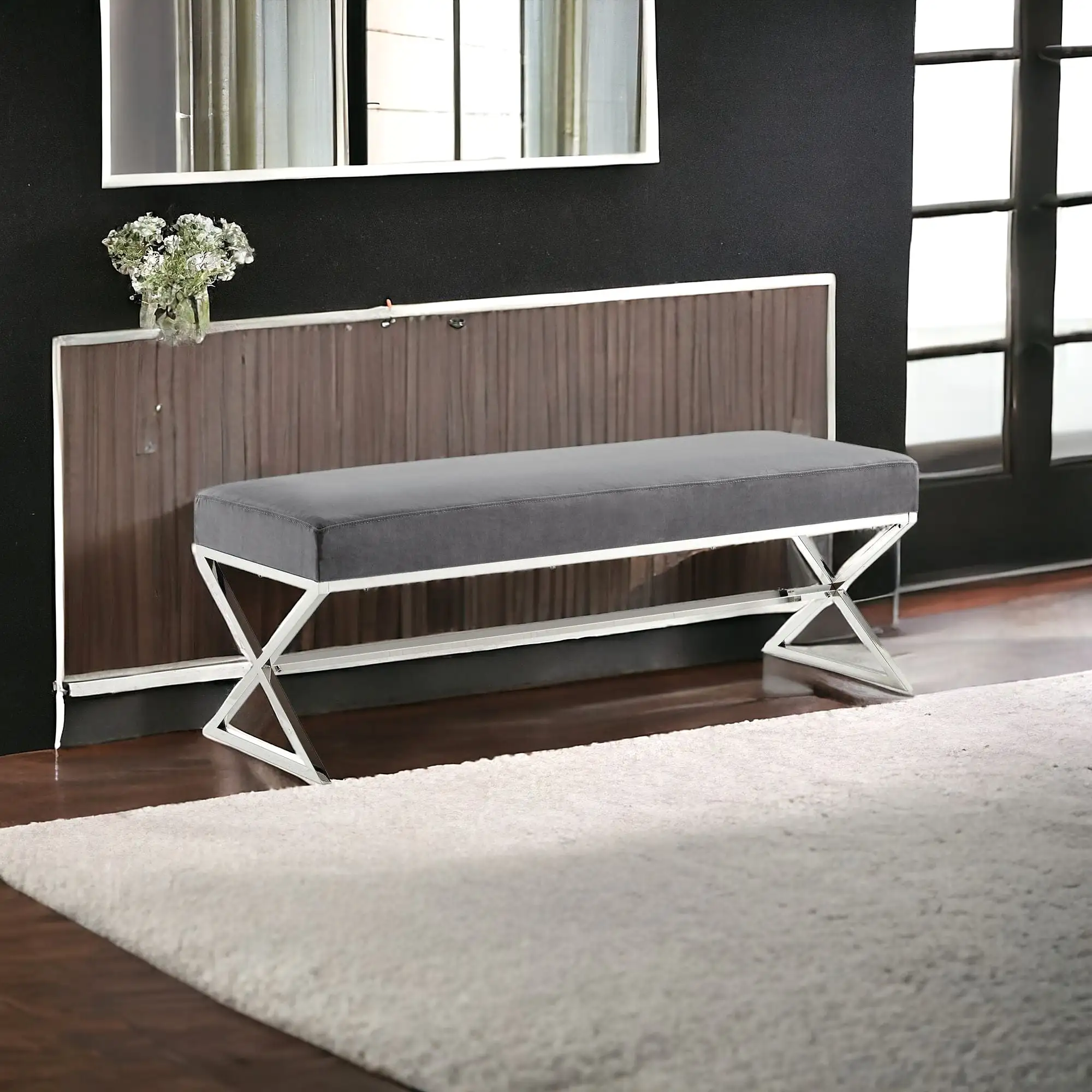 48 Gray And Silver Upholstered Faux Fur Bench