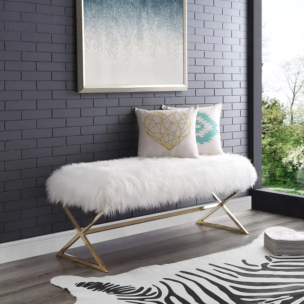 48 Gray And Silver Upholstered Faux Fur Bench