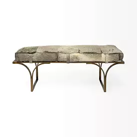 55 Gray and Antiqued Brass Upholstered Faux Fur Bench