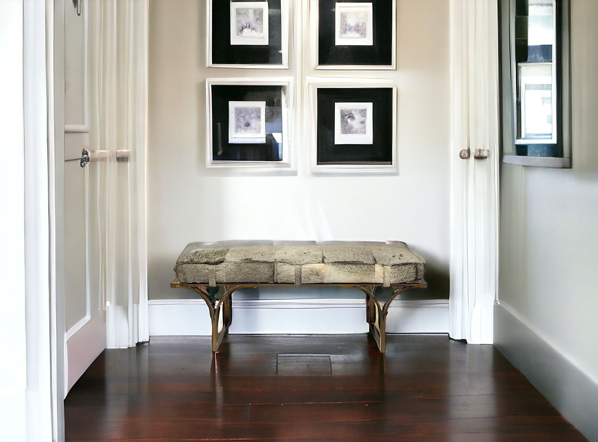 55 Gray and Antiqued Brass Upholstered Faux Fur Bench