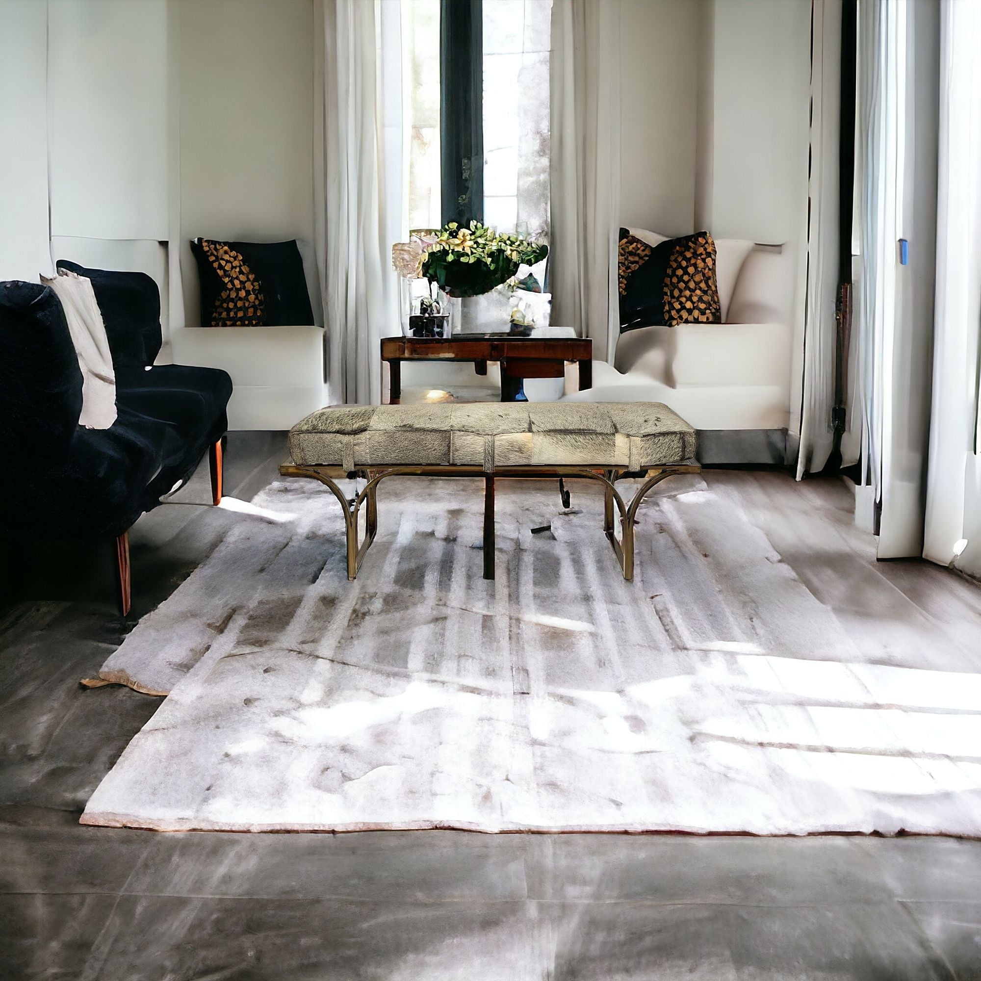 55 Gray and Antiqued Brass Upholstered Faux Fur Bench