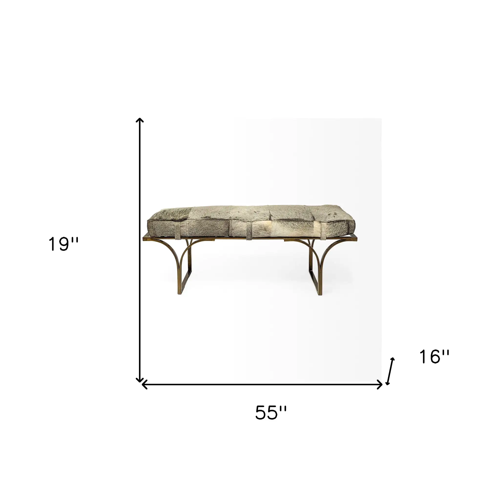 55 Gray and Antiqued Brass Upholstered Faux Fur Bench