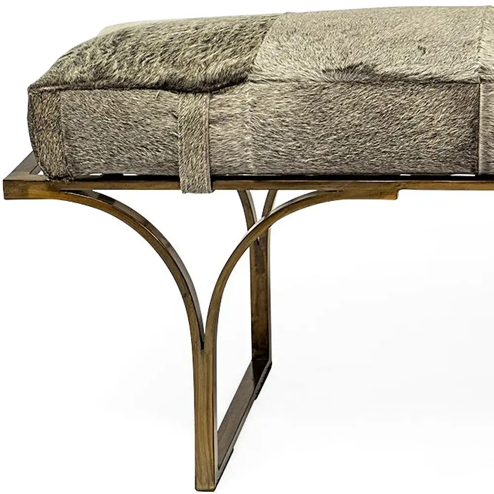 55 Gray and Antiqued Brass Upholstered Faux Fur Bench