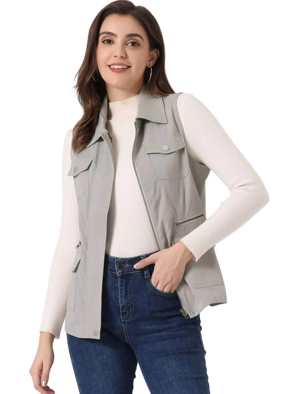 Allegra K- Zip Up Jacket with Pockets Cargo Utility Vest