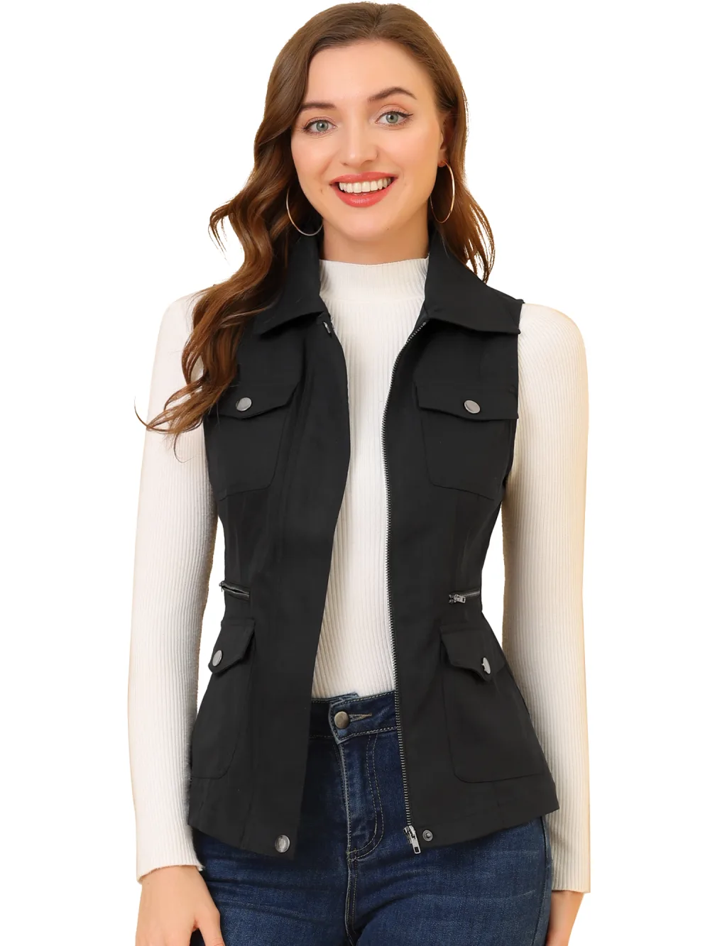 Allegra K- Zip Up Jacket with Pockets Cargo Utility Vest