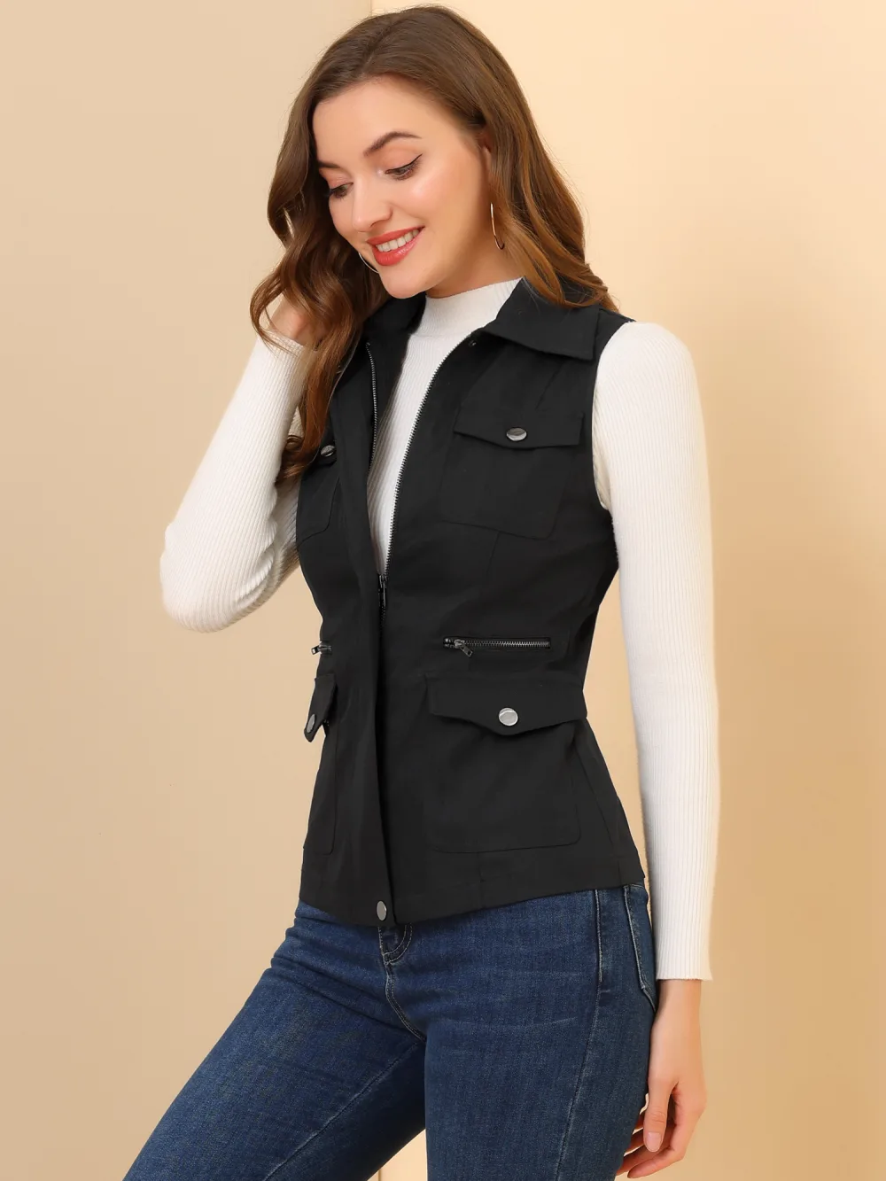 Allegra K- Zip Up Jacket with Pockets Cargo Utility Vest