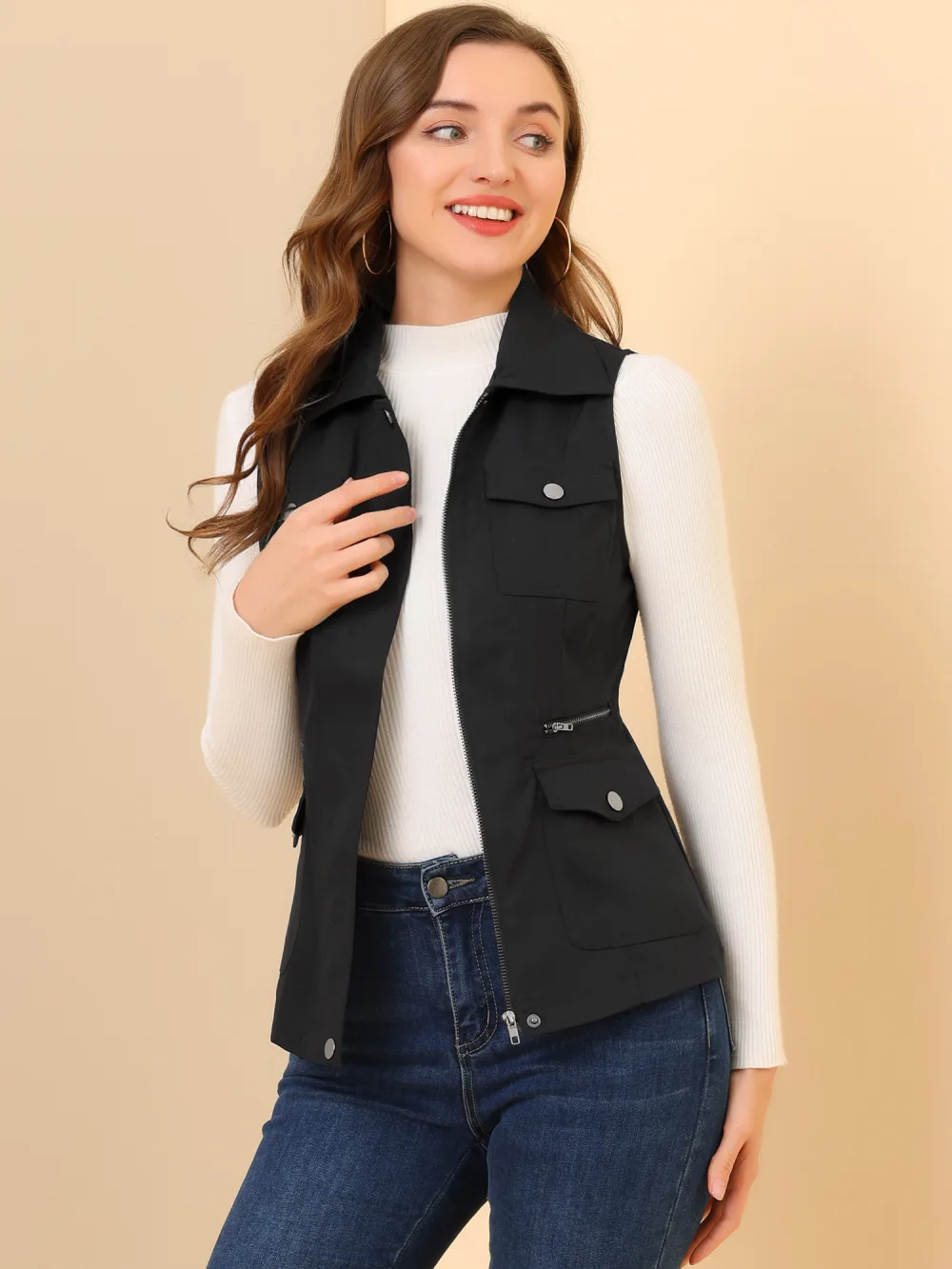 Allegra K- Zip Up Jacket with Pockets Cargo Utility Vest