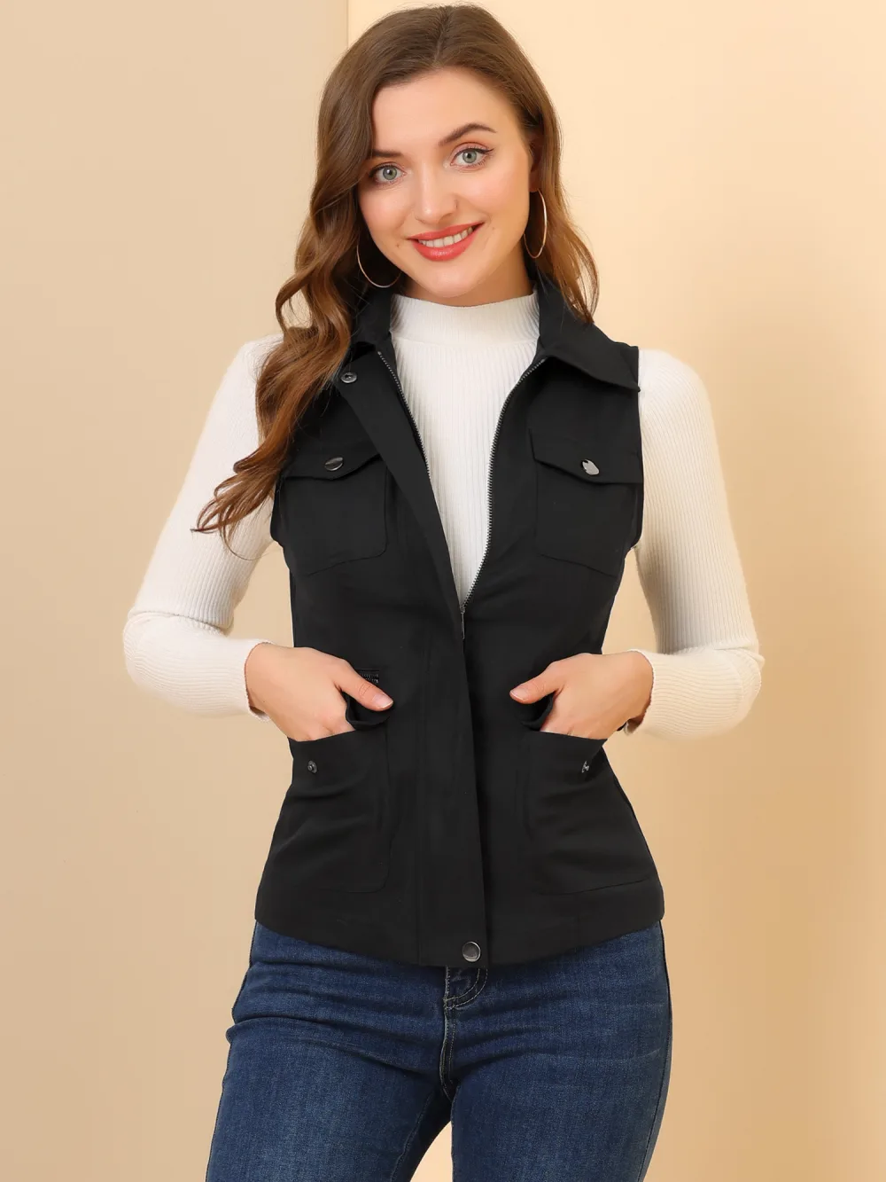 Allegra K- Zip Up Jacket with Pockets Cargo Utility Vest