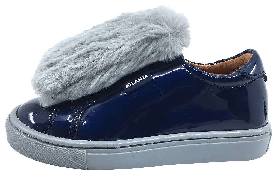 Atlanta Mocassin Girl's and Boy's Patent and Fur Slip-On Step-In Sneakers, Navy Patent/Grey Fur