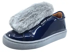 Atlanta Mocassin Girl's and Boy's Patent and Fur Slip-On Step-In Sneakers, Navy Patent/Grey Fur