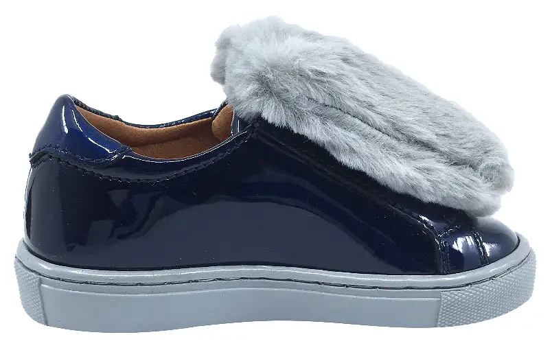 Atlanta Mocassin Girl's and Boy's Patent and Fur Slip-On Step-In Sneakers, Navy Patent/Grey Fur