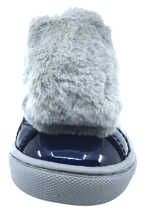 Atlanta Mocassin Girl's and Boy's Patent and Fur Slip-On Step-In Sneakers, Navy Patent/Grey Fur