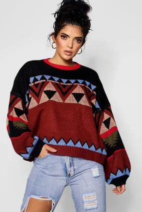 Aztec Knitted Balloon Sleeve Box Sweater