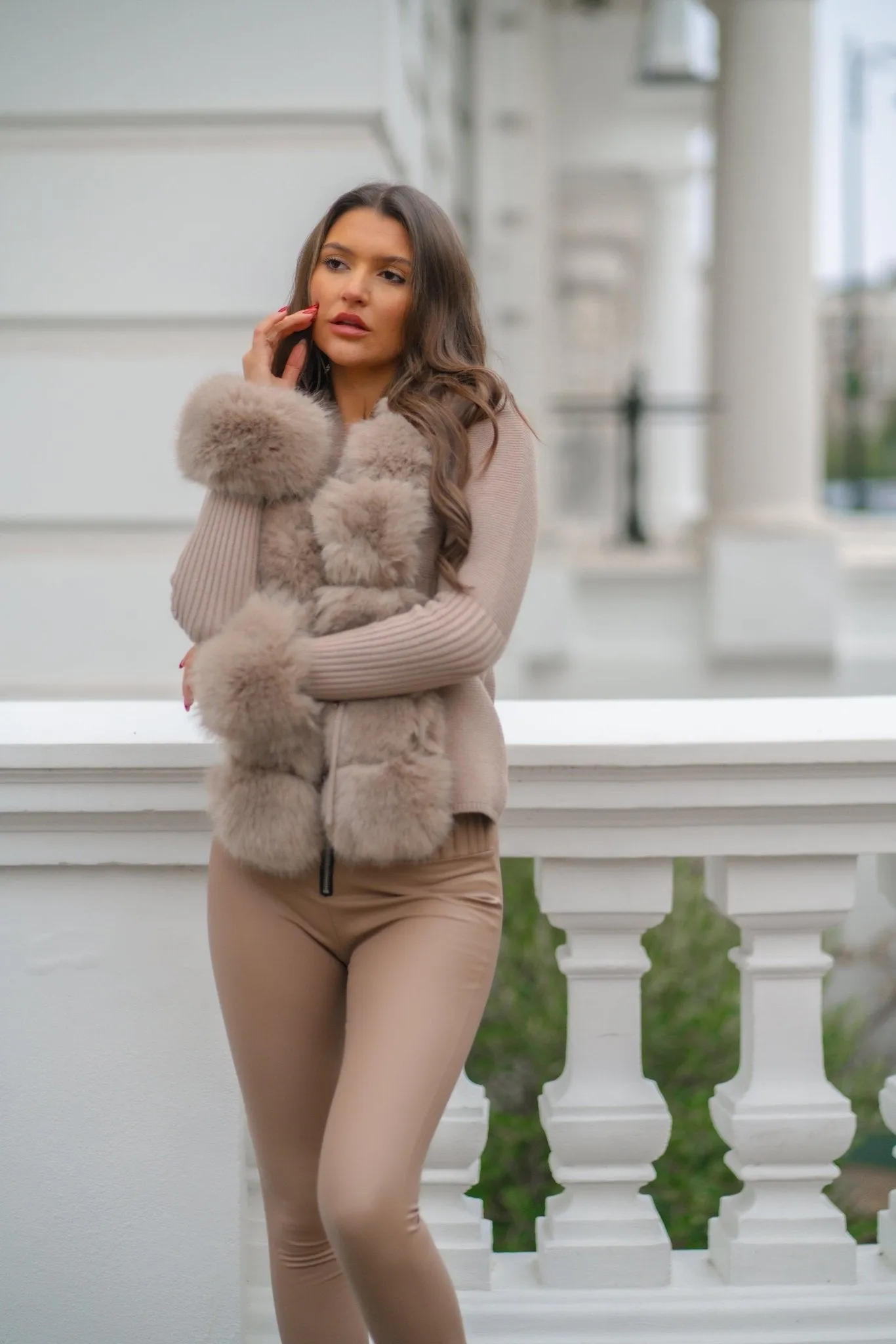 Beige Premium Faux Fur Trimmed Cardigan