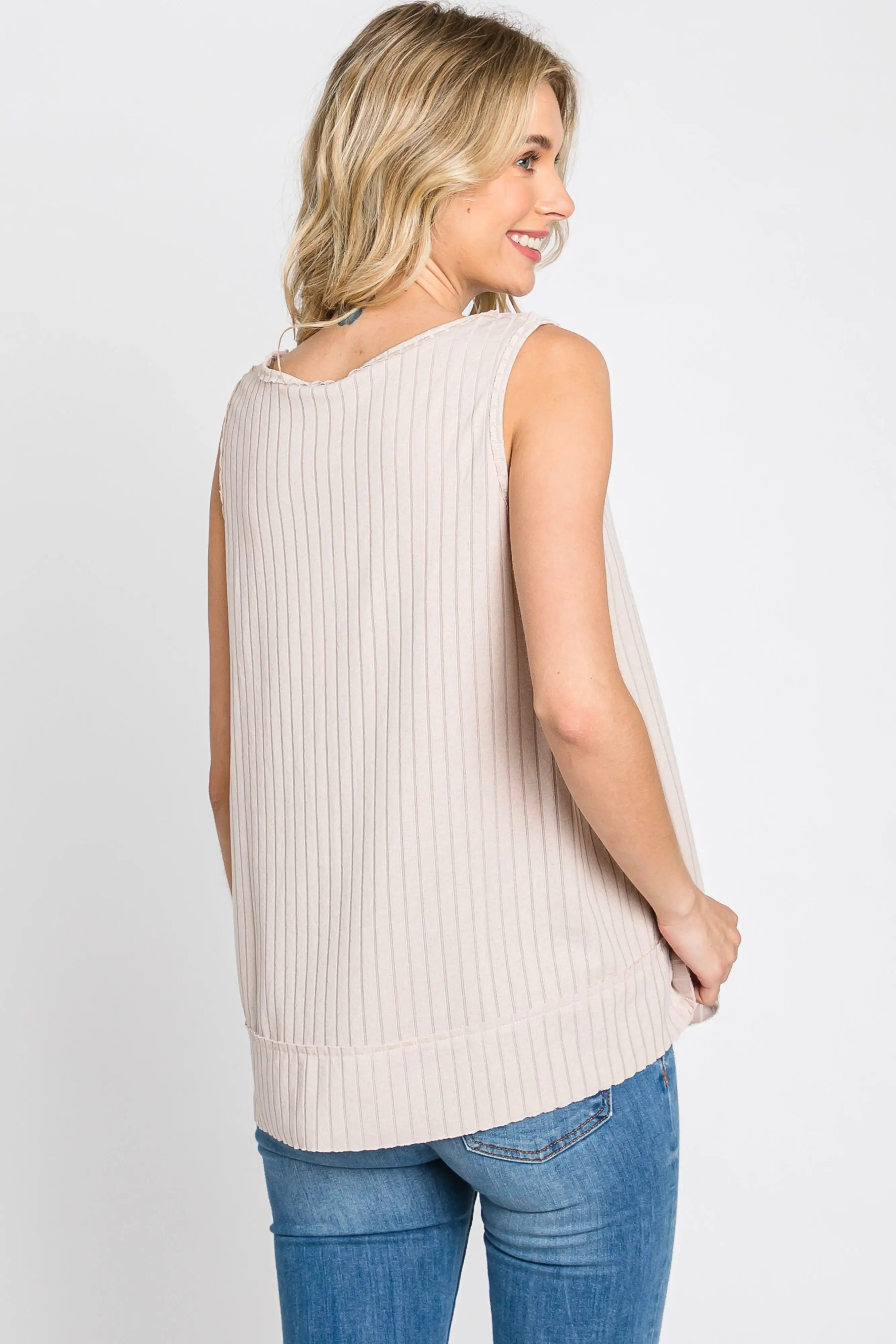 Beige Ribbed Raw Hem Tank Top