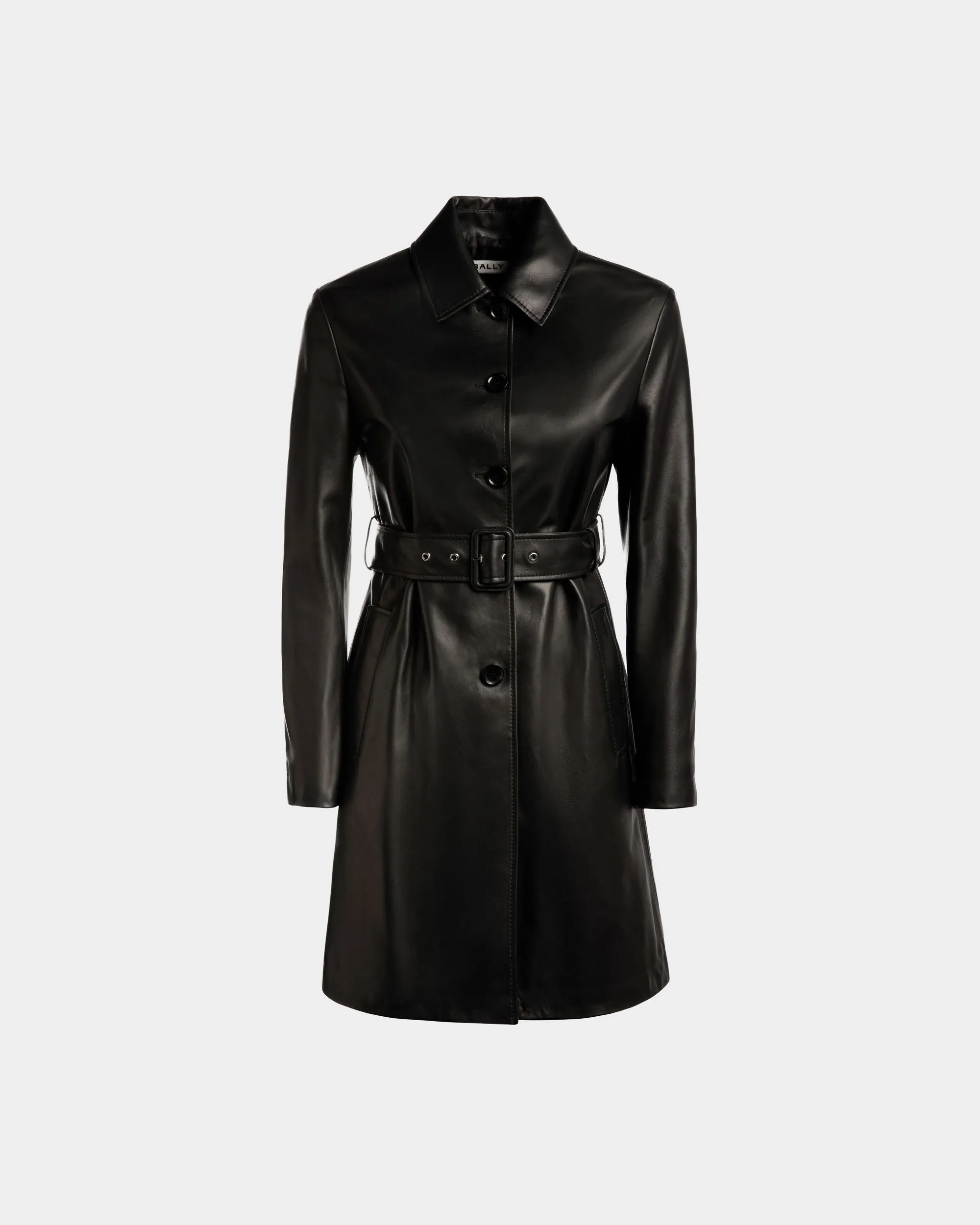 Belted Midi Coat in Black Leather 