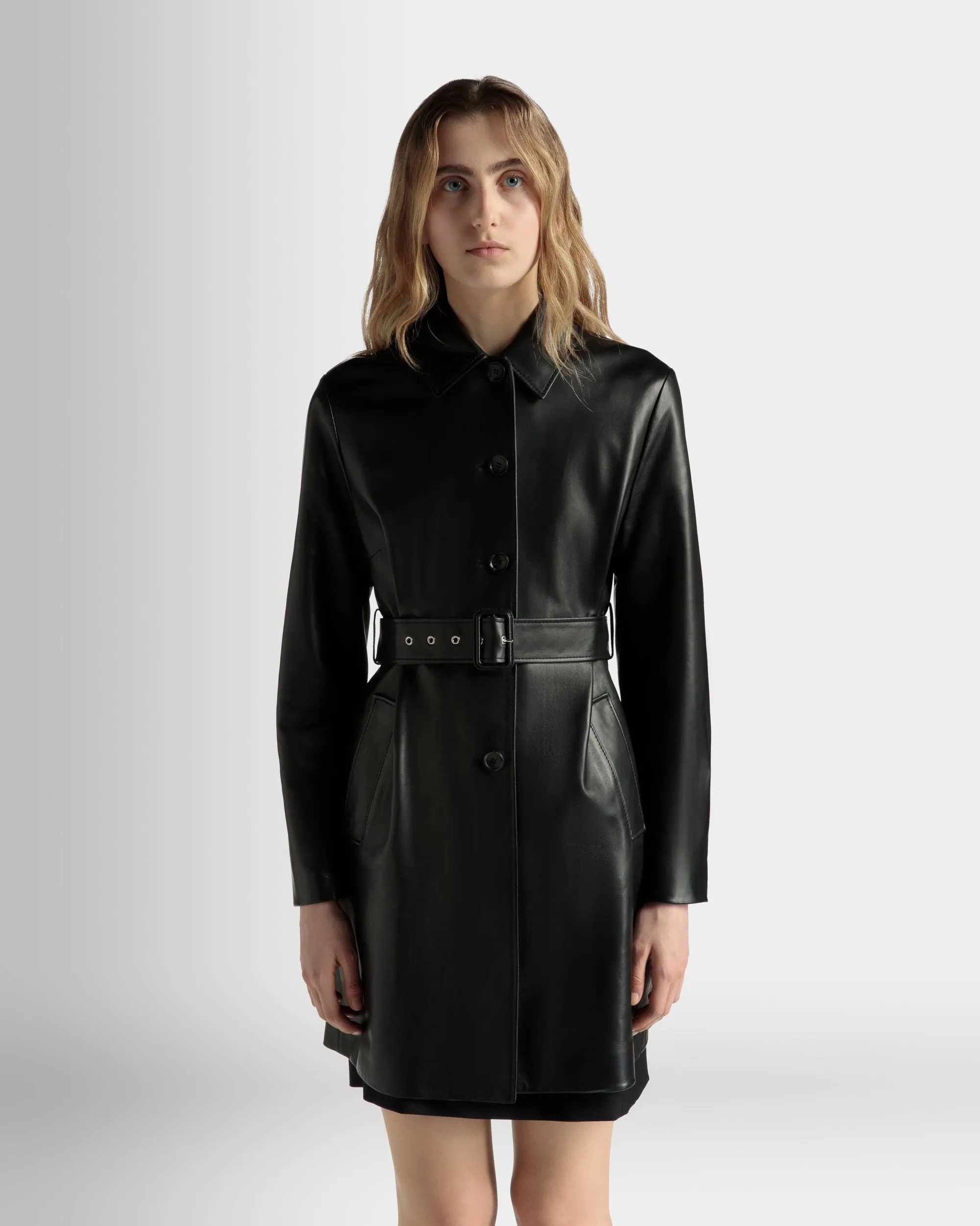 Belted Midi Coat in Black Leather 