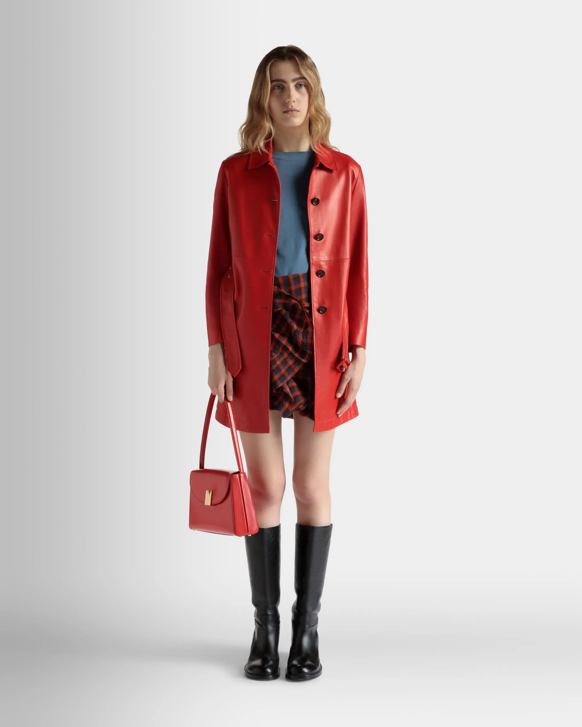 Belted Midi Coat in Candy Red Leather 