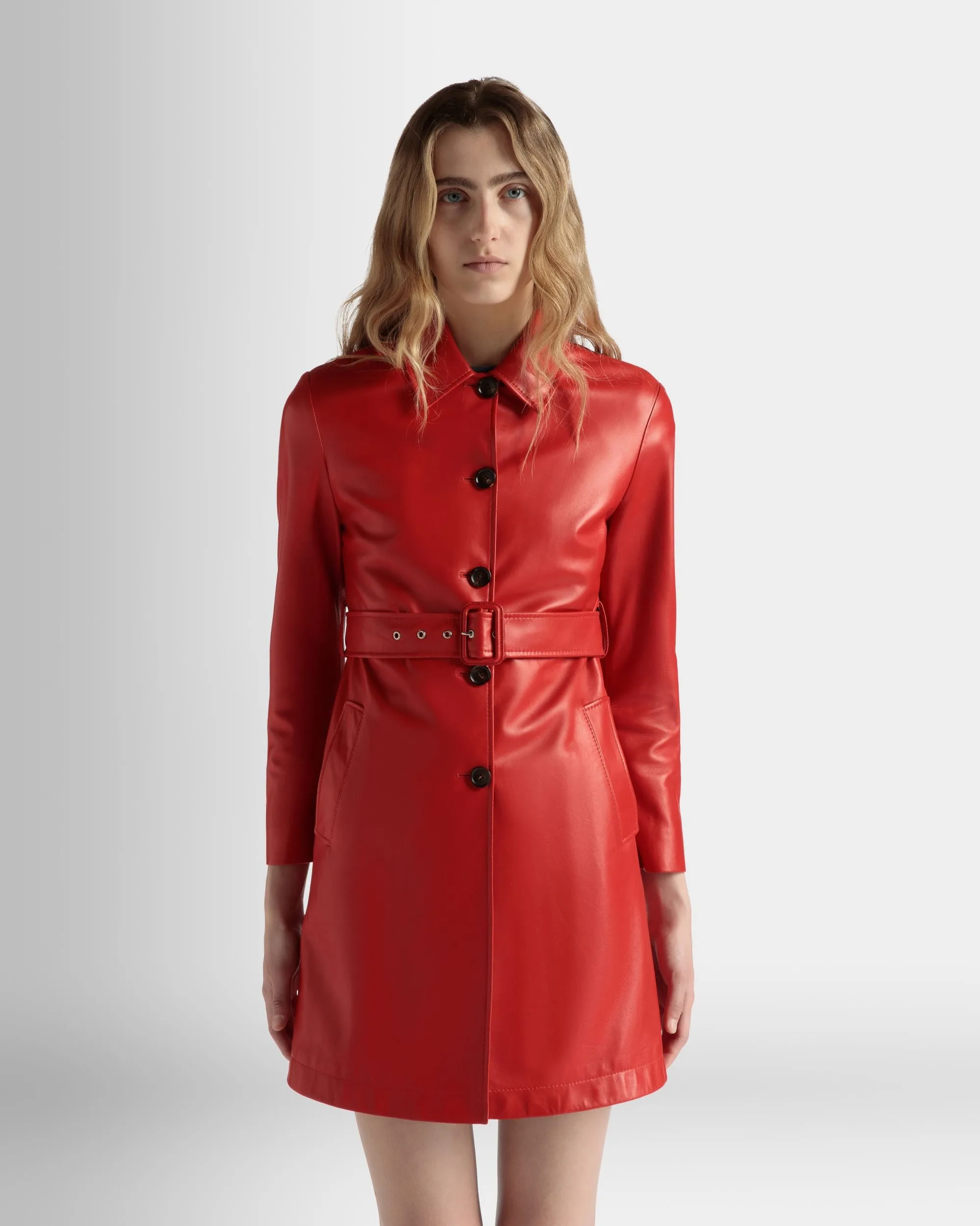 Belted Midi Coat in Candy Red Leather 