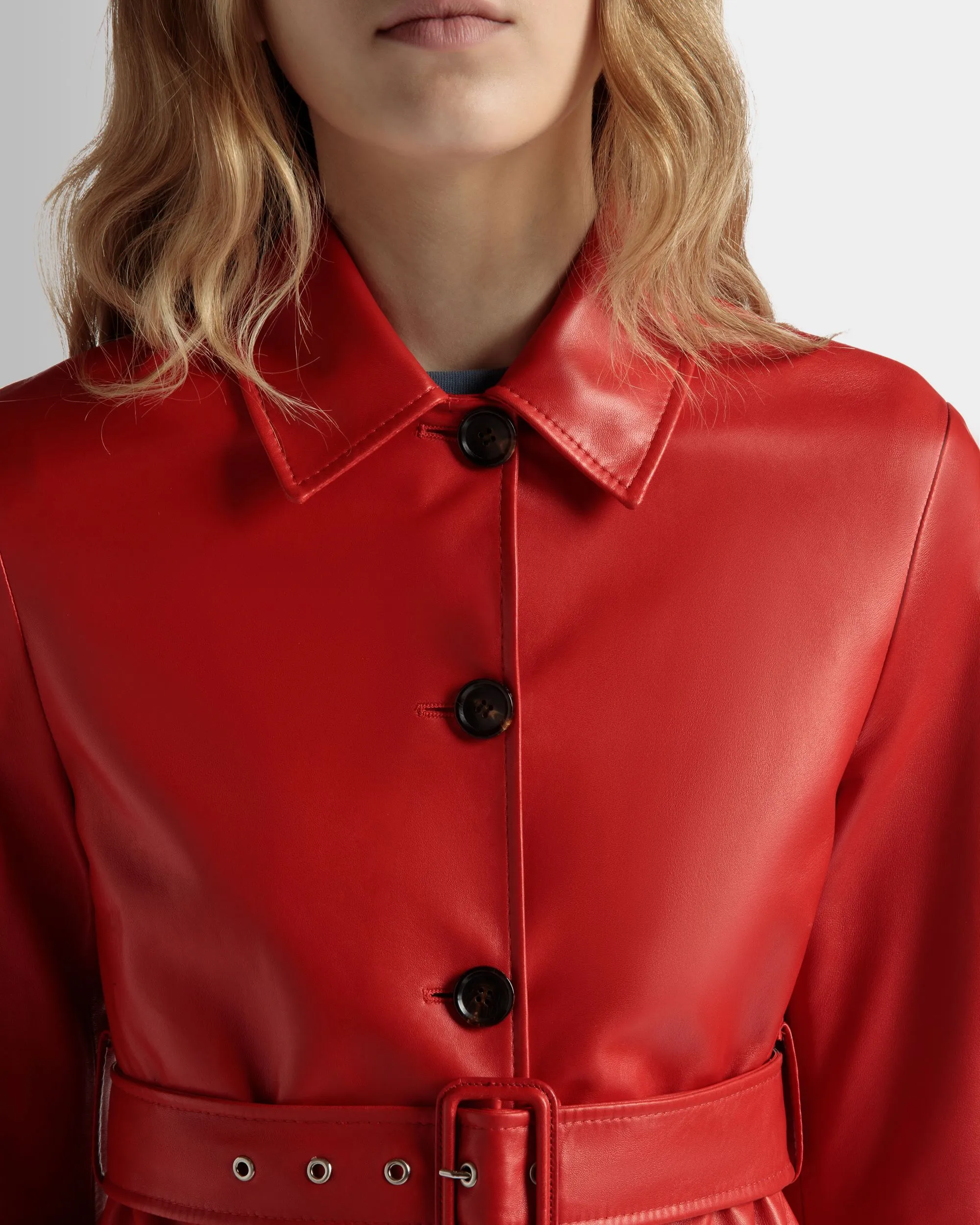 Belted Midi Coat in Candy Red Leather 