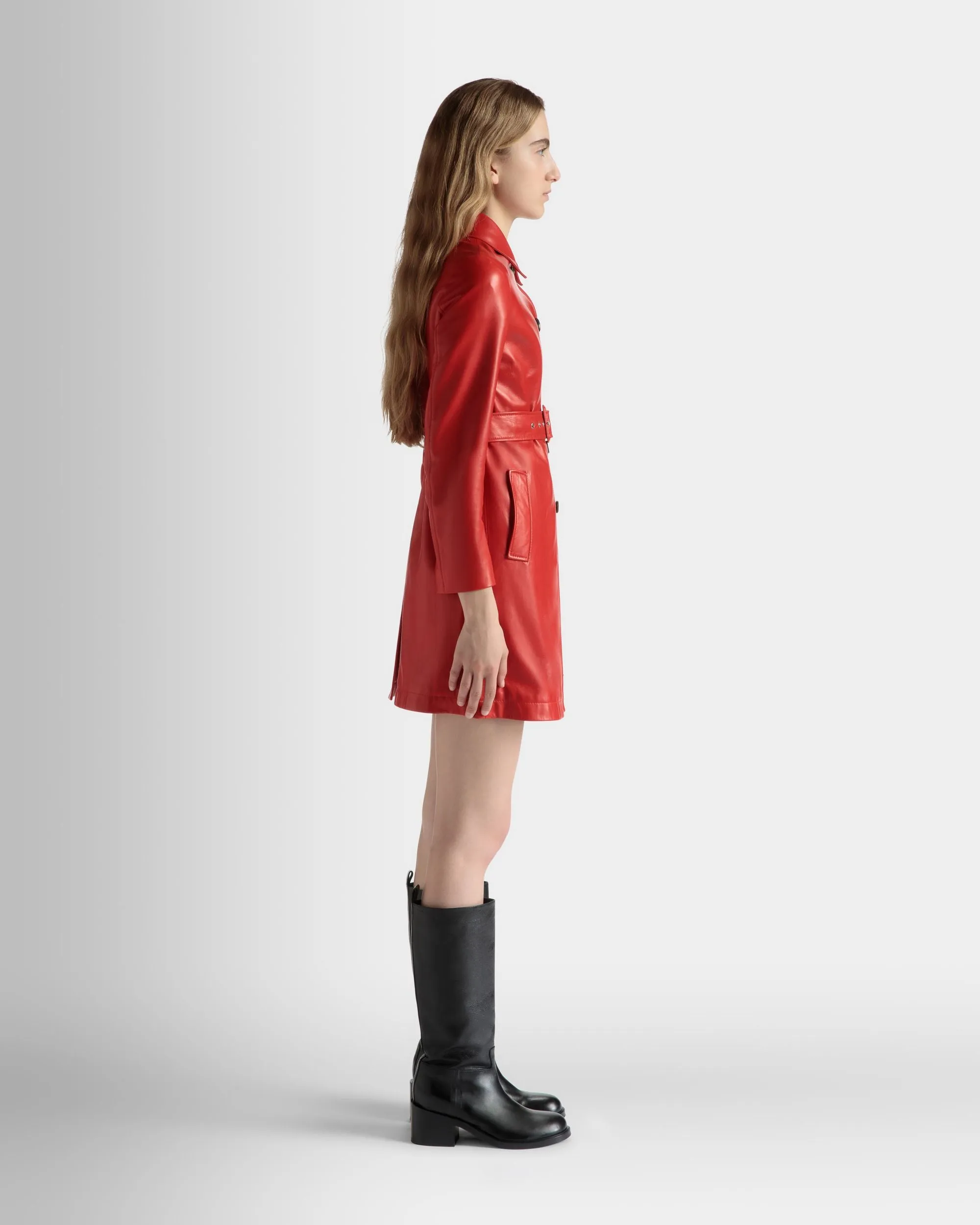 Belted Midi Coat in Candy Red Leather 