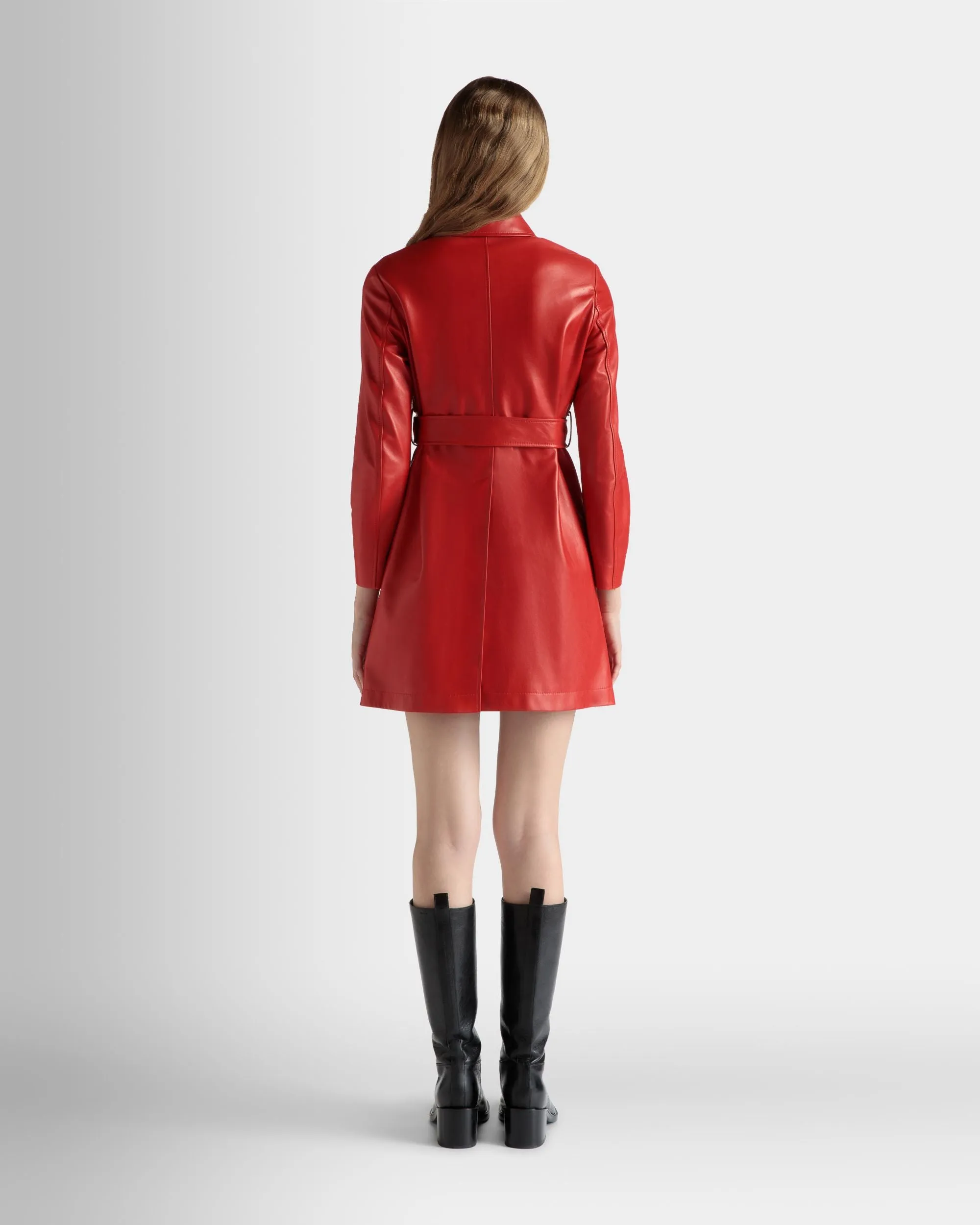 Belted Midi Coat in Candy Red Leather 