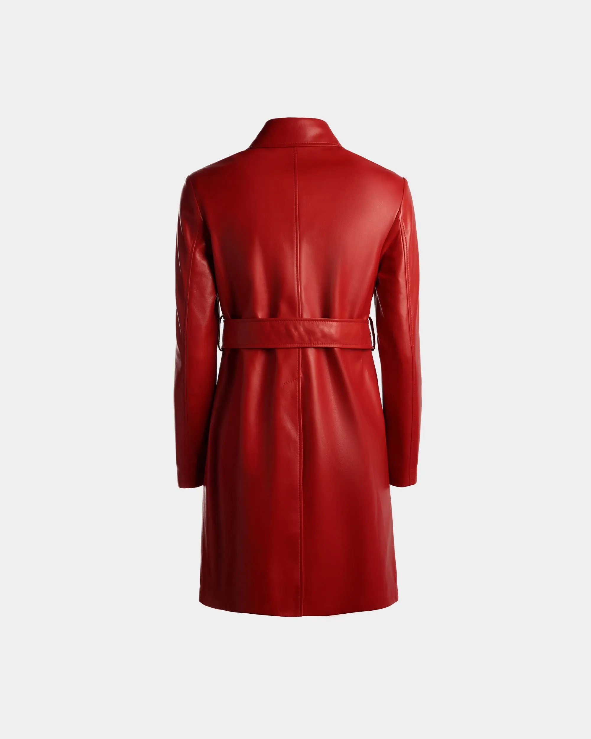 Belted Midi Coat in Candy Red Leather 