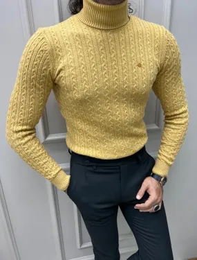 Berton Yellow Slim Fit Striped Pattern Turtleneck Sweater